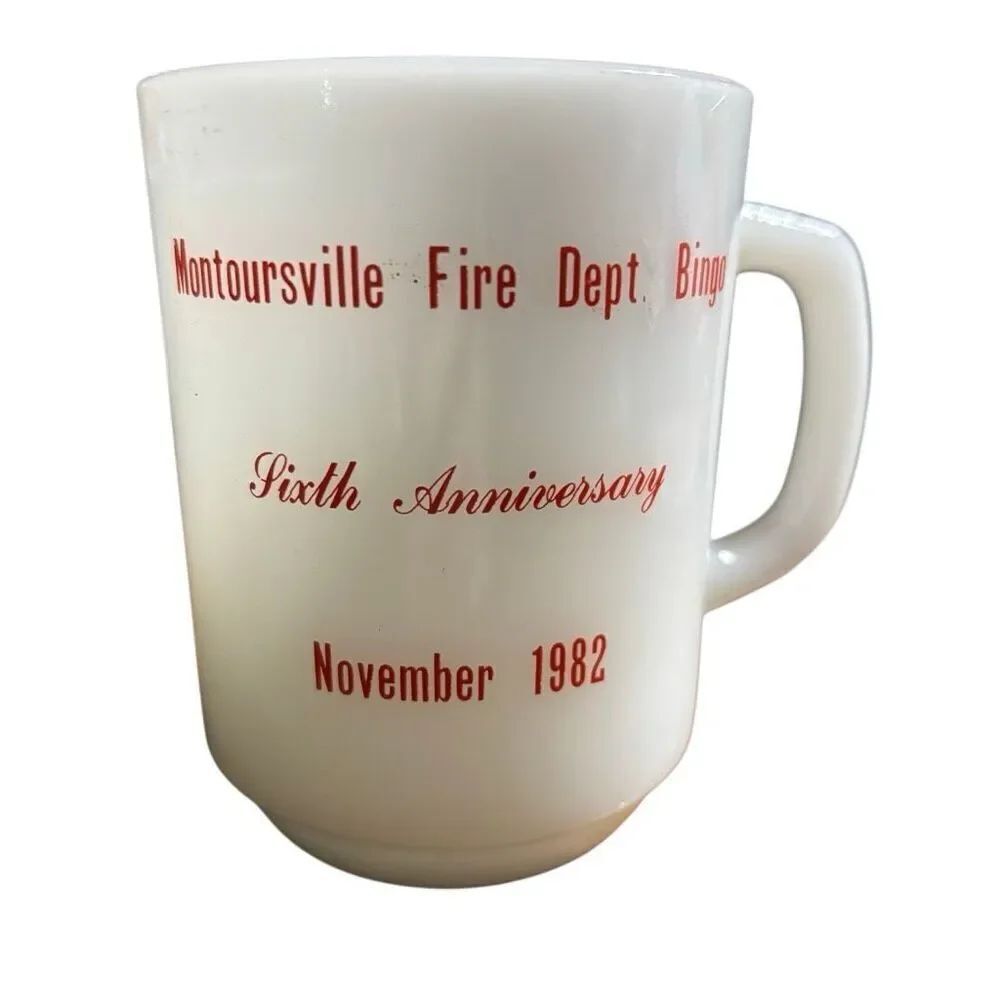 Montoursville Fire Dept. Bingo 1982 Anchor Hocking Milk Glass Mug